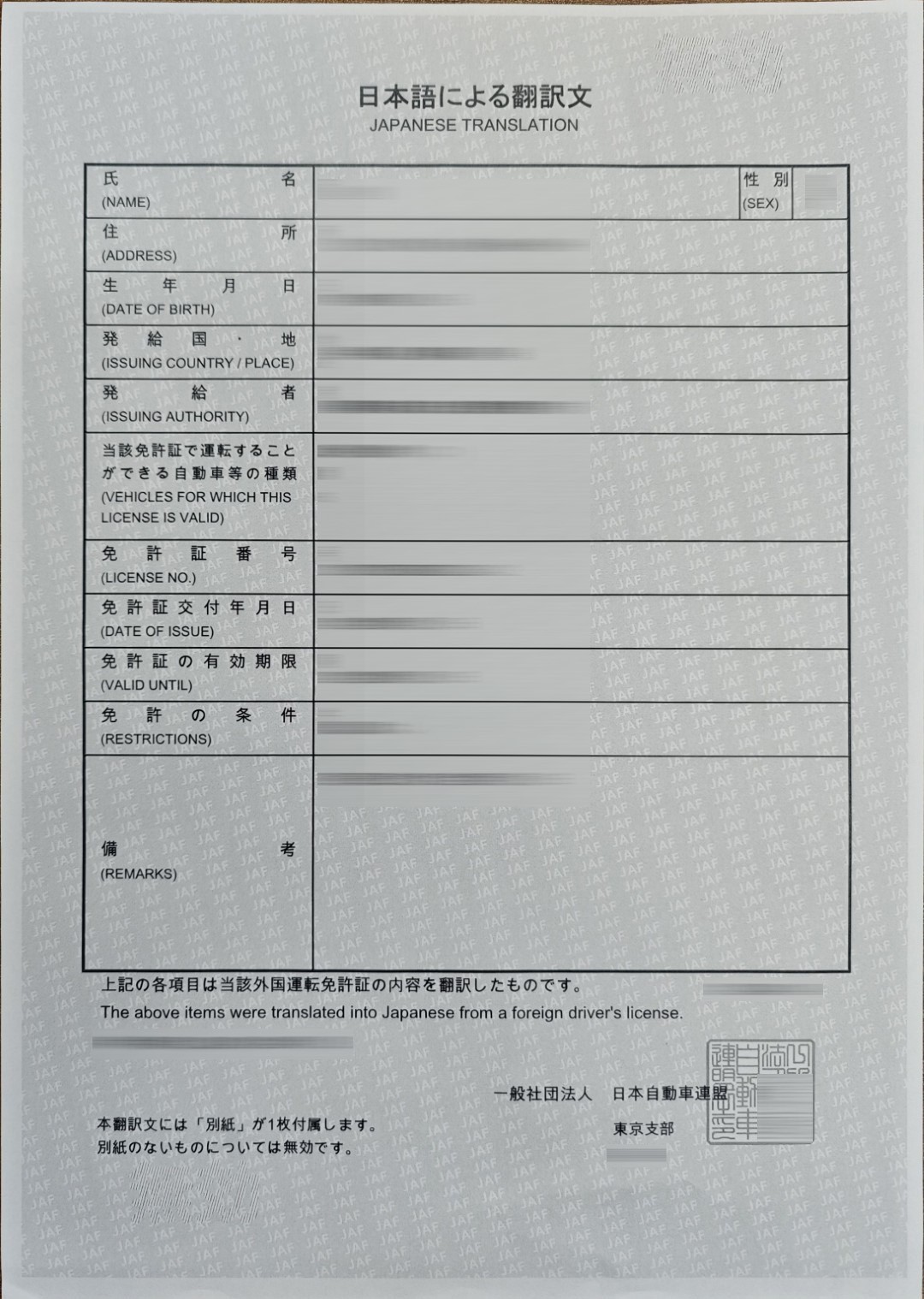 日本自动车联盟(JAF)驾照日文翻译