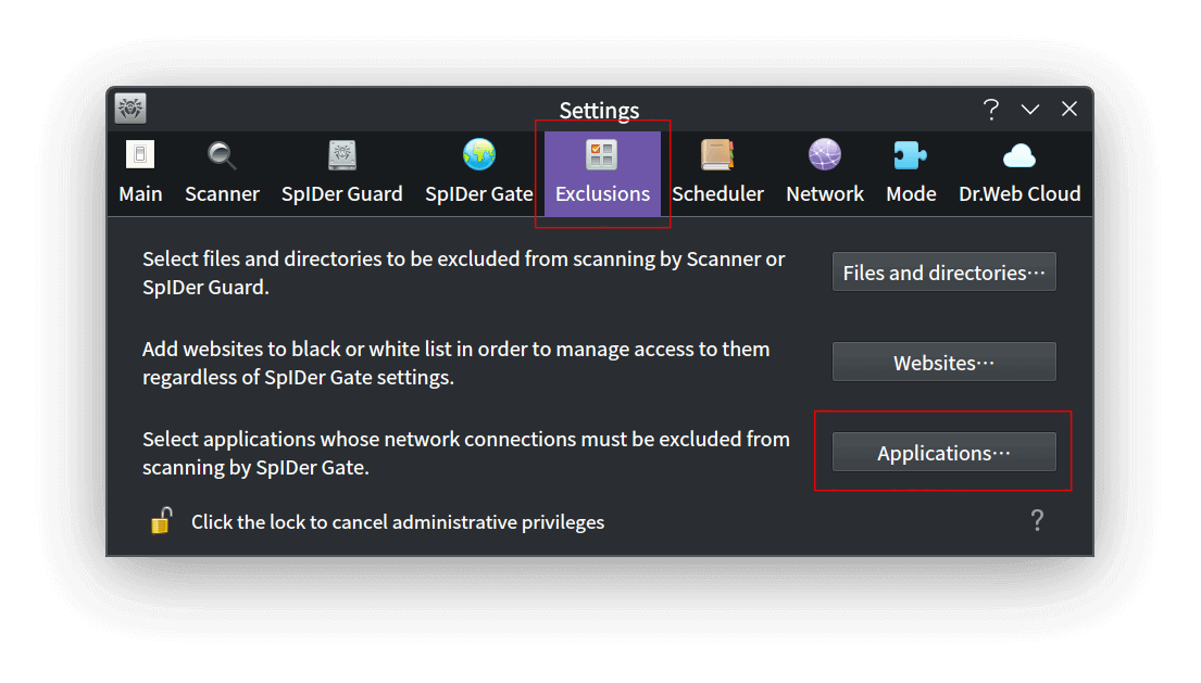 Dr.Web Desktop Security Suite SpIDer Gate 白名单
