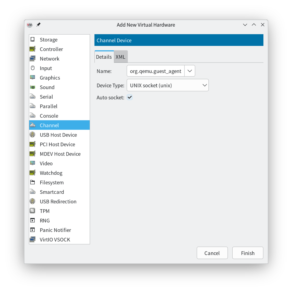 virt-manager 添加通道