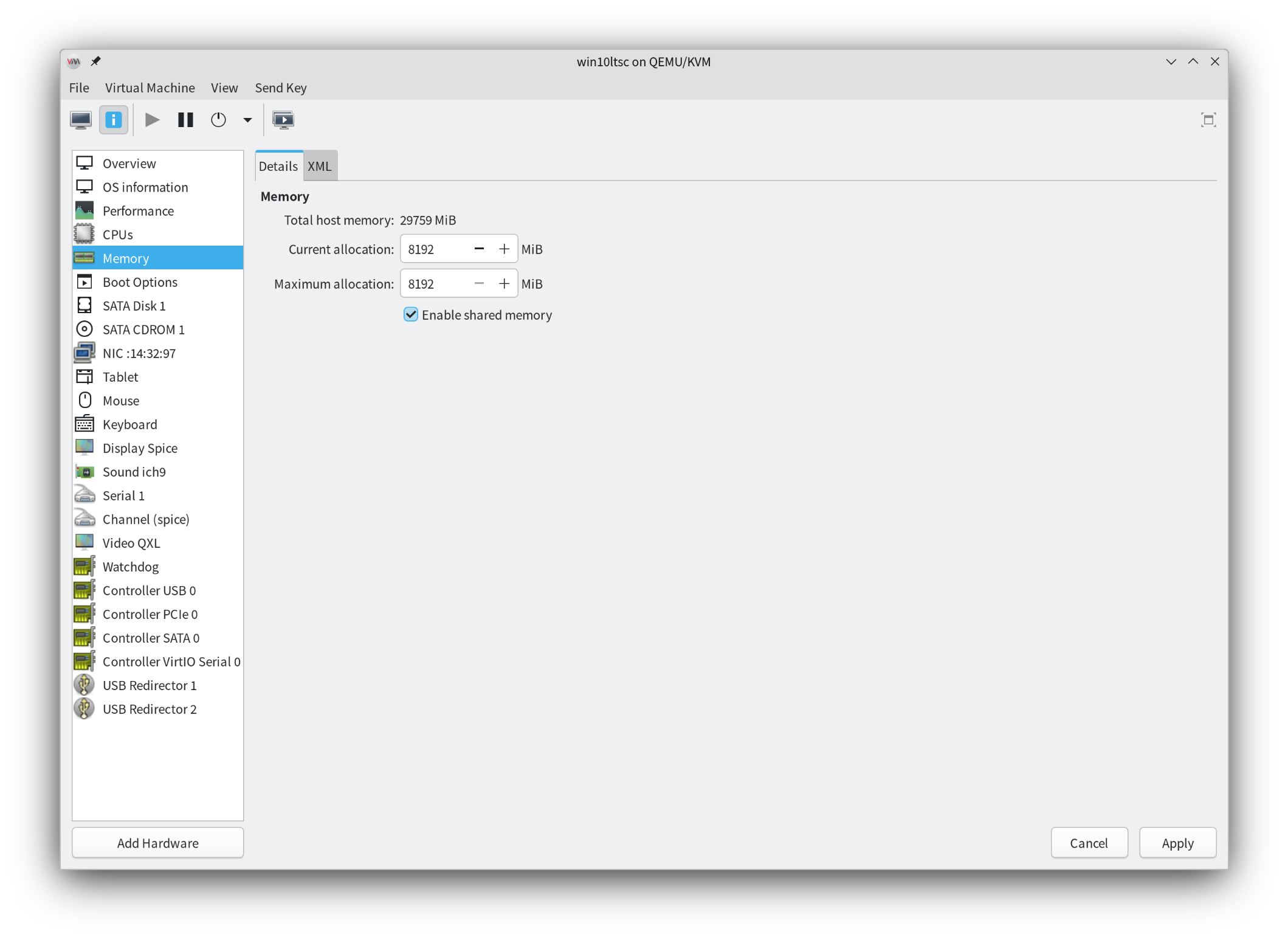 virt-manager 开启共享内存